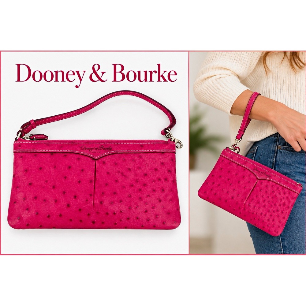 Dooney & Bourke Magenta Pink Ostrich Embossed Leather Wristlet Purse Leather